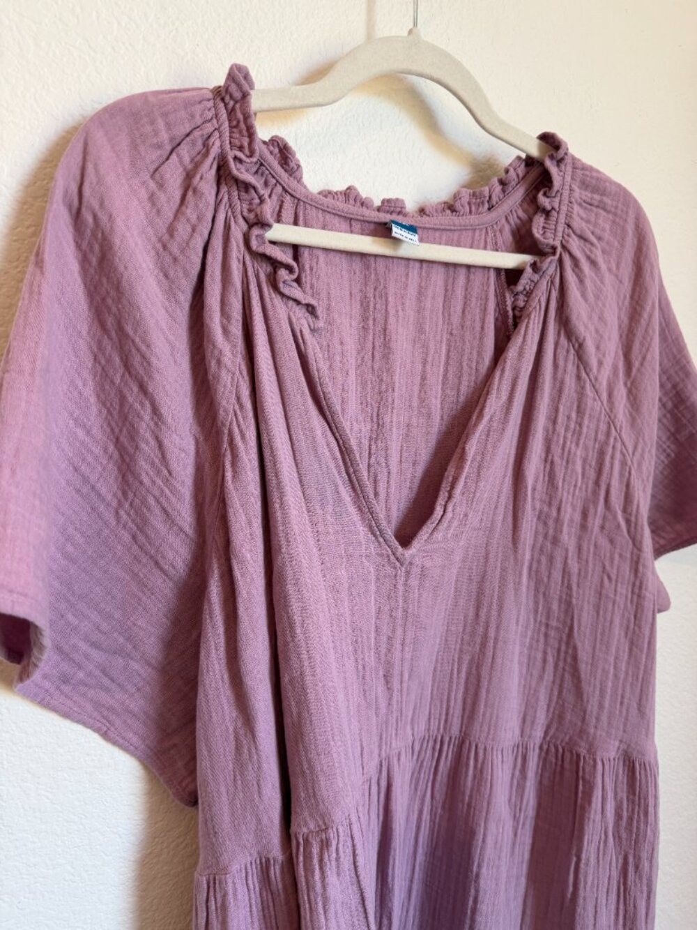 Old Navy Rose Dawn Pink Cotton Gauze Demi Swing Dress XXL V-Neck Ruffle Pockets - Picture 3 of 8